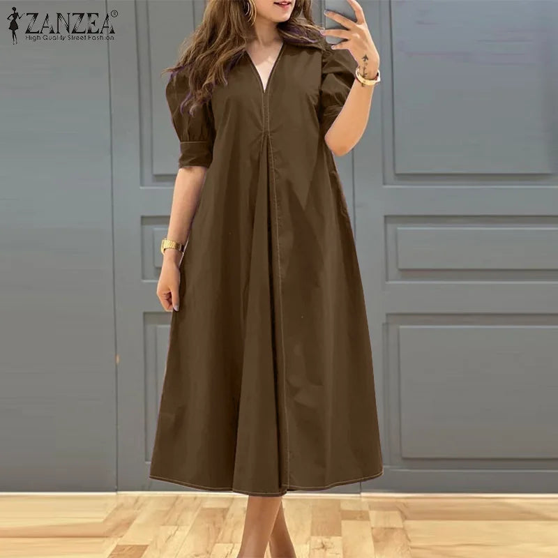 فستان نسائي أنيق - تصميم بياقة على شكل حرف V وأكمام منفوخة