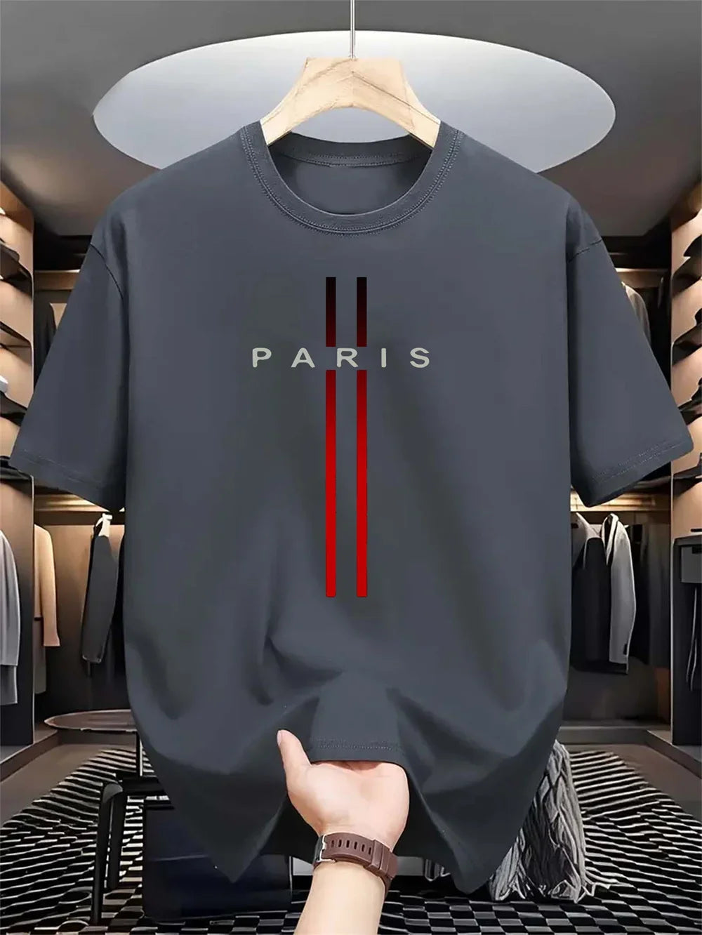 تيشيرت رجالي صيفي قطني مطبوع بكلمة Paris واسع ومريح