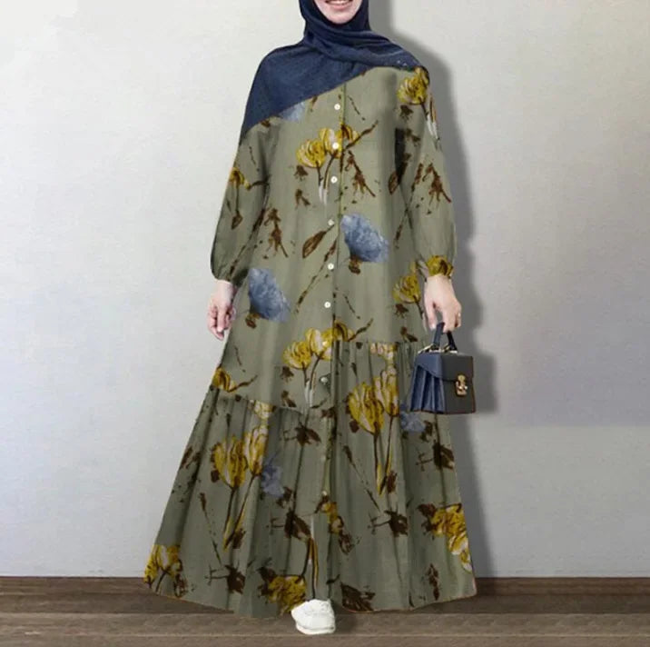 فستان قطني نسائي بأكمام طويلة لعام 2023، ملابس إسلامية، قفطان طويل بتصميم مُدمج، تنورة طويلة، ملابس نسائية للشرق الأوسط.