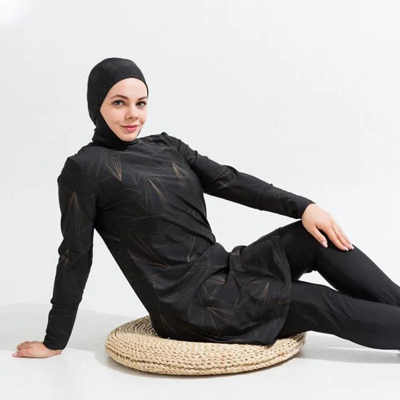 طقم بوركيني نسائي محتشم 3 قطع بأكمام طويلة