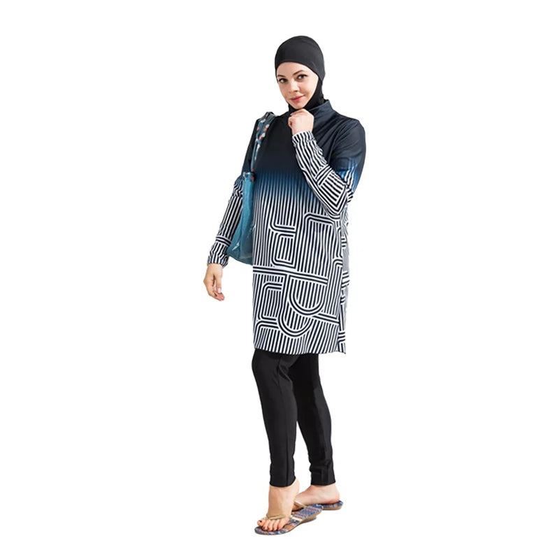 طقم بوركيني نسائي محتشم 3 قطع بأكمام طويلة